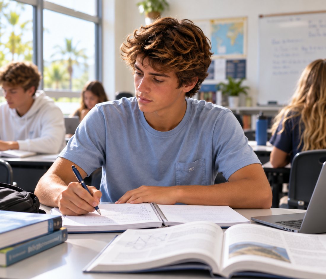 A student writing in a notebook at a classroom desk, with palm trees outside the window